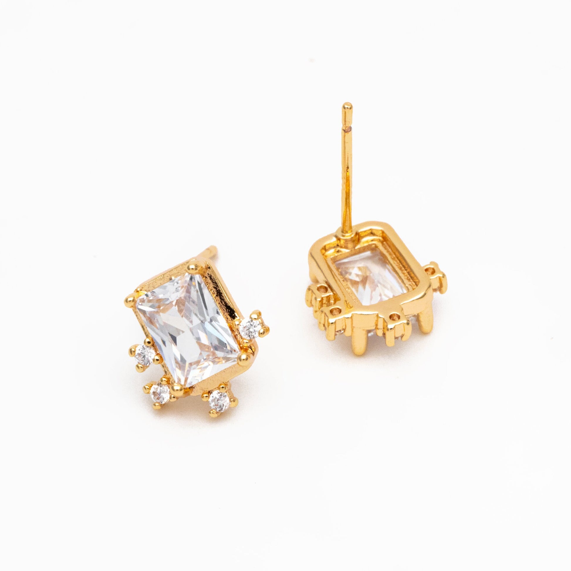 4pcs CZ Pave Rectangle Earrings, 11x10mm, Real Gold Plated Brass, Dainty Geometric Earring Studs (#GB-4241)