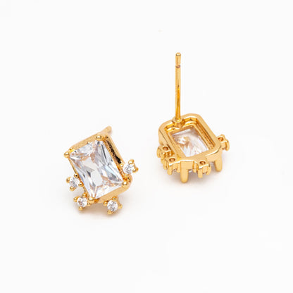 4pcs CZ Pave Rectangle Earrings, 11x10mm, Real Gold Plated Brass, Dainty Geometric Earring Studs (#GB-4241)
