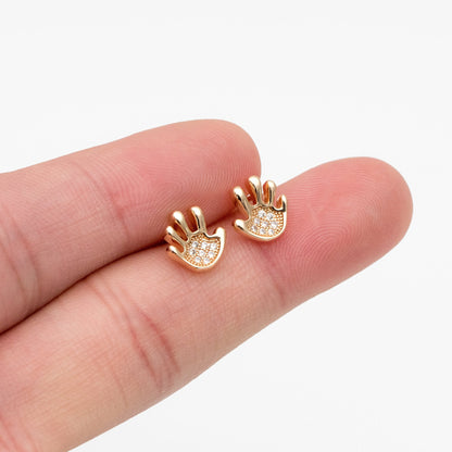 10pcs CZ Pave Gold Hand Earrings 9mm, Gold Plated Brass, Dainty Gesture Stud Earrings (GB-4248)