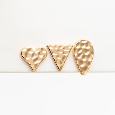 10pcs Gold Hammered Heart/ Triangle/ Teardrop Minimalist Earrings, Real Gold Plated Brass Geometric Earring Studs (GB-4190)