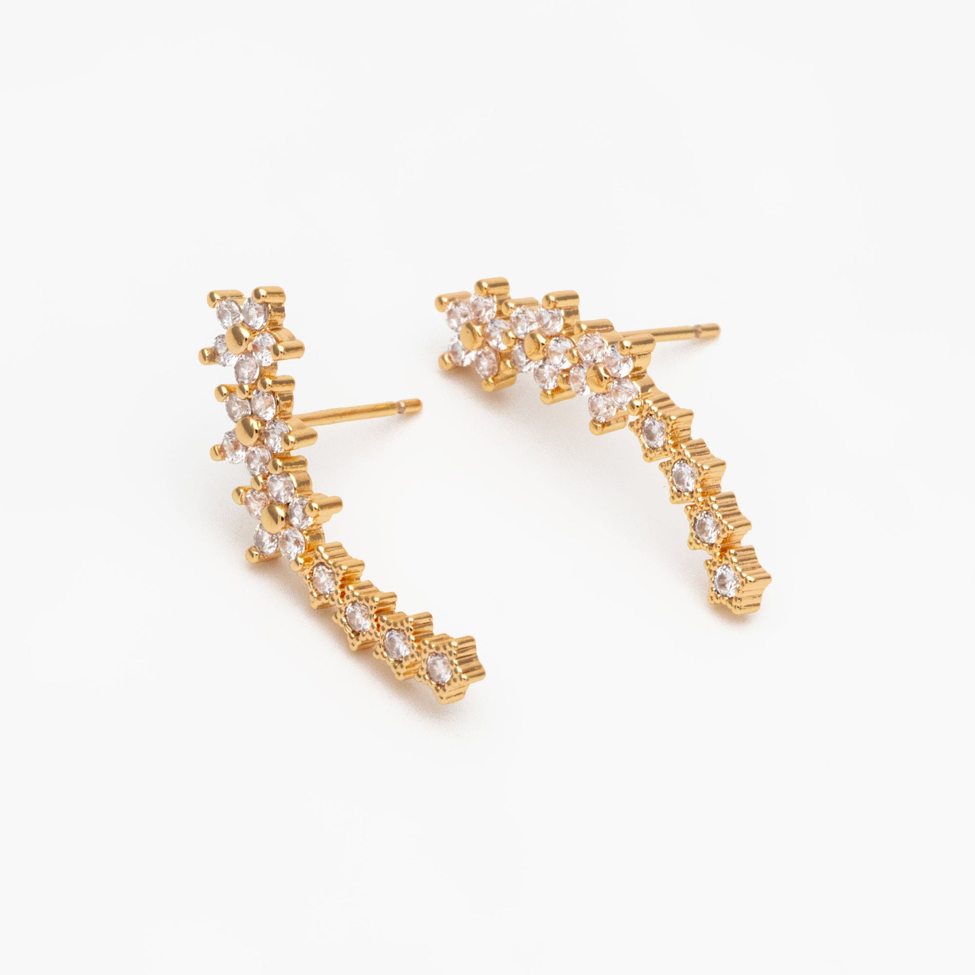 4pcs CZ Pave Gold Flower Earrings, 18K Gold Plated Brass, Shooting Star Stud Earrings (GB-4249)