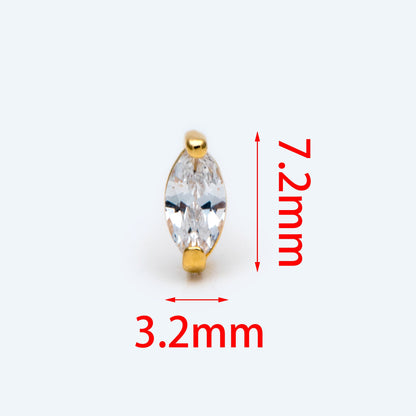 10pcs Marquise CZ Stud Earring 7.2x3.2mm, Gold/ Rhodium Plated Brass Stud Earrings (#GB-2618-A)