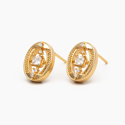 4pcs CZ Pave Gold Oval Earrings, Gold Plated Brass, Dainty Geometric Stud Earrings (#GB-4251)