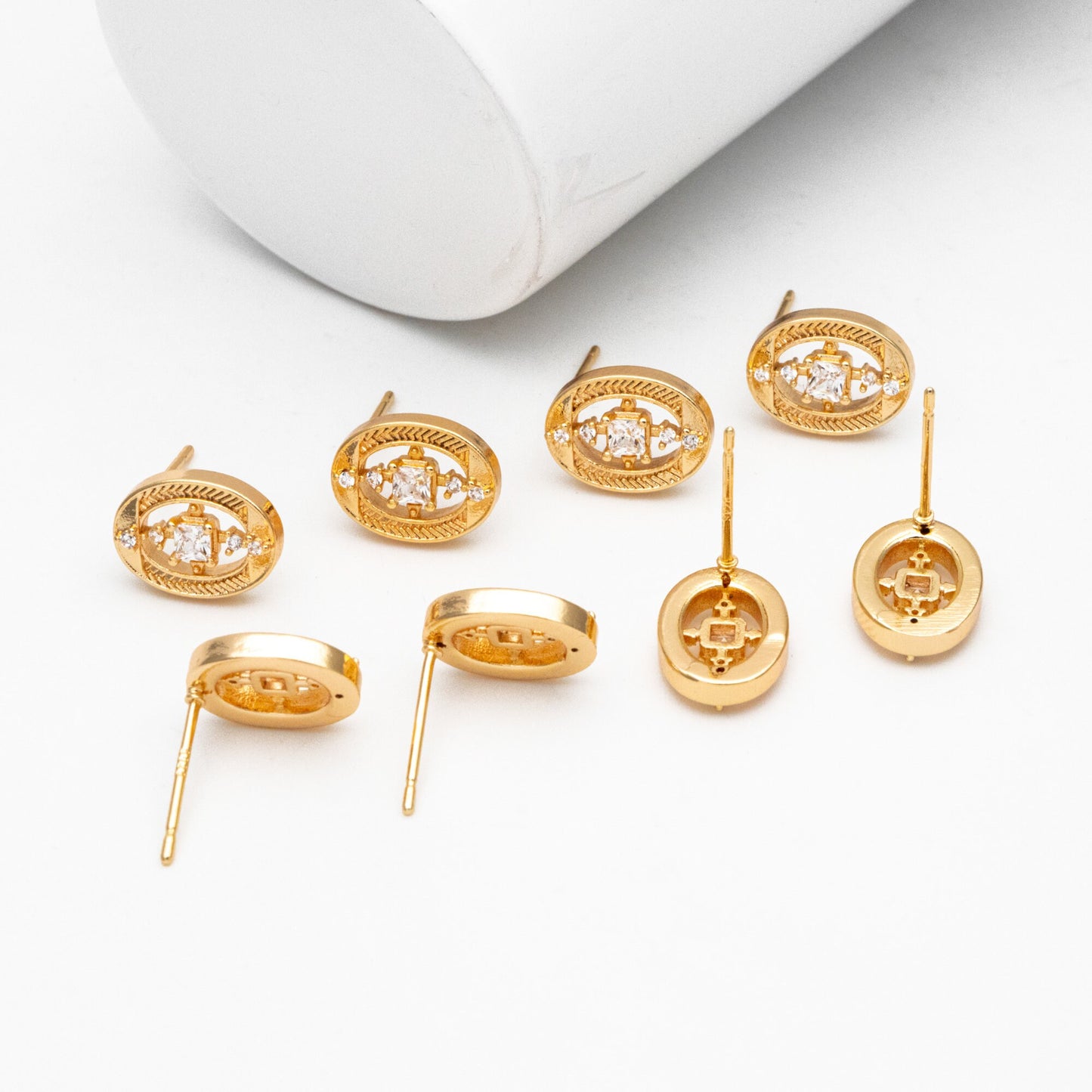 4pcs CZ Pave Gold Oval Earrings, Gold Plated Brass, Dainty Geometric Stud Earrings (#GB-4251)