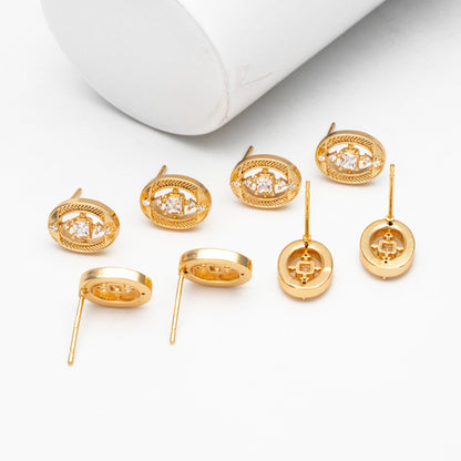 4pcs CZ Pave Gold Oval Earrings, Gold Plated Brass, Dainty Geometric Stud Earrings (#GB-4251)