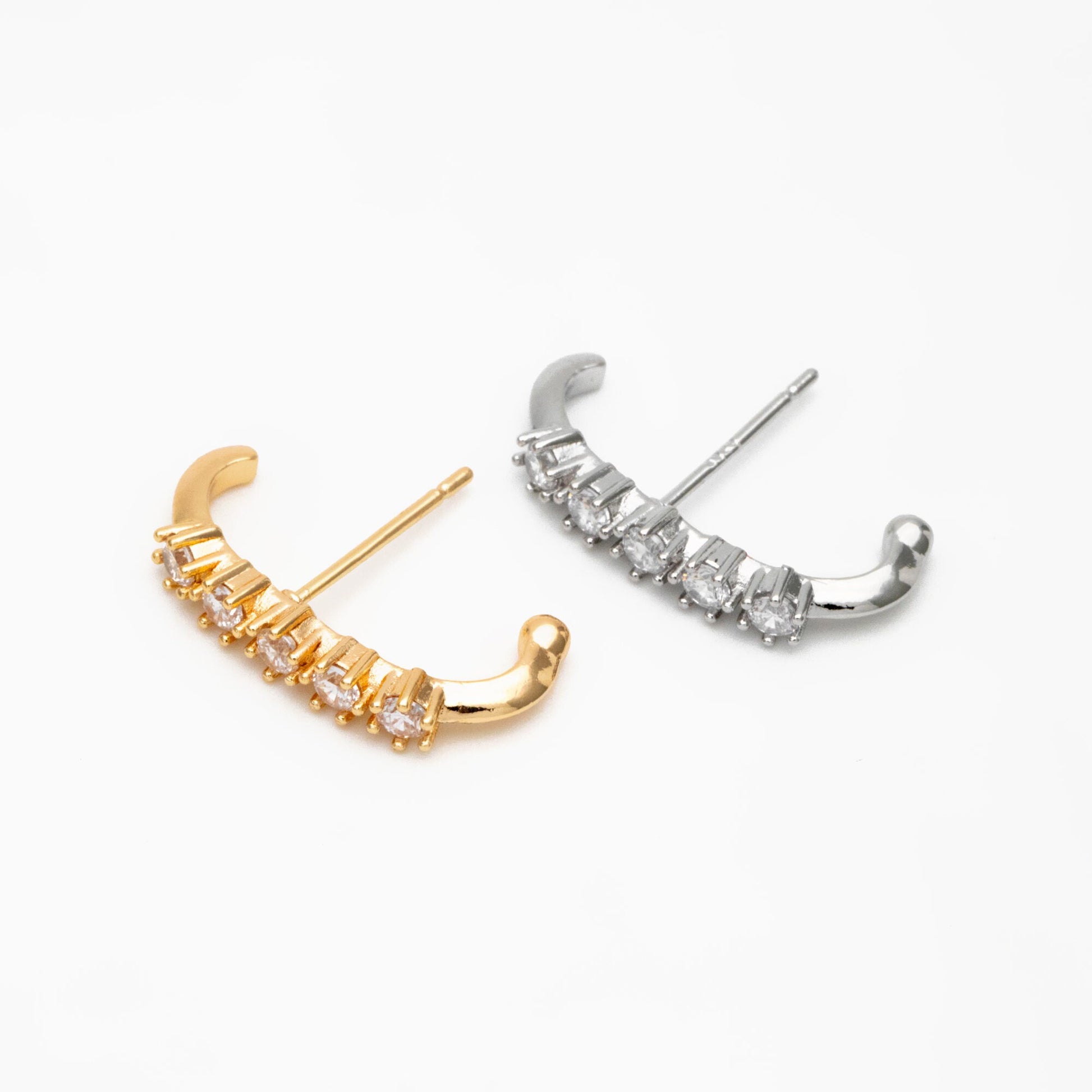 4pcs CZ Pave Gold/ Silver Curved Bar Earrings, Real Gold/ Rhodium Plated Brass Stick Stud Earrings (#GB-4253)