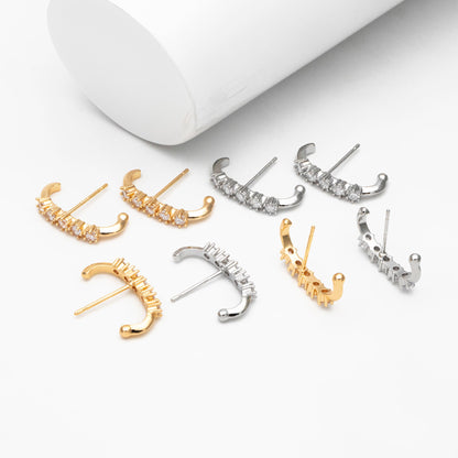 4pcs CZ Pave Gold/ Silver Curved Bar Earrings, Real Gold/ Rhodium Plated Brass Stick Stud Earrings (#GB-4253)
