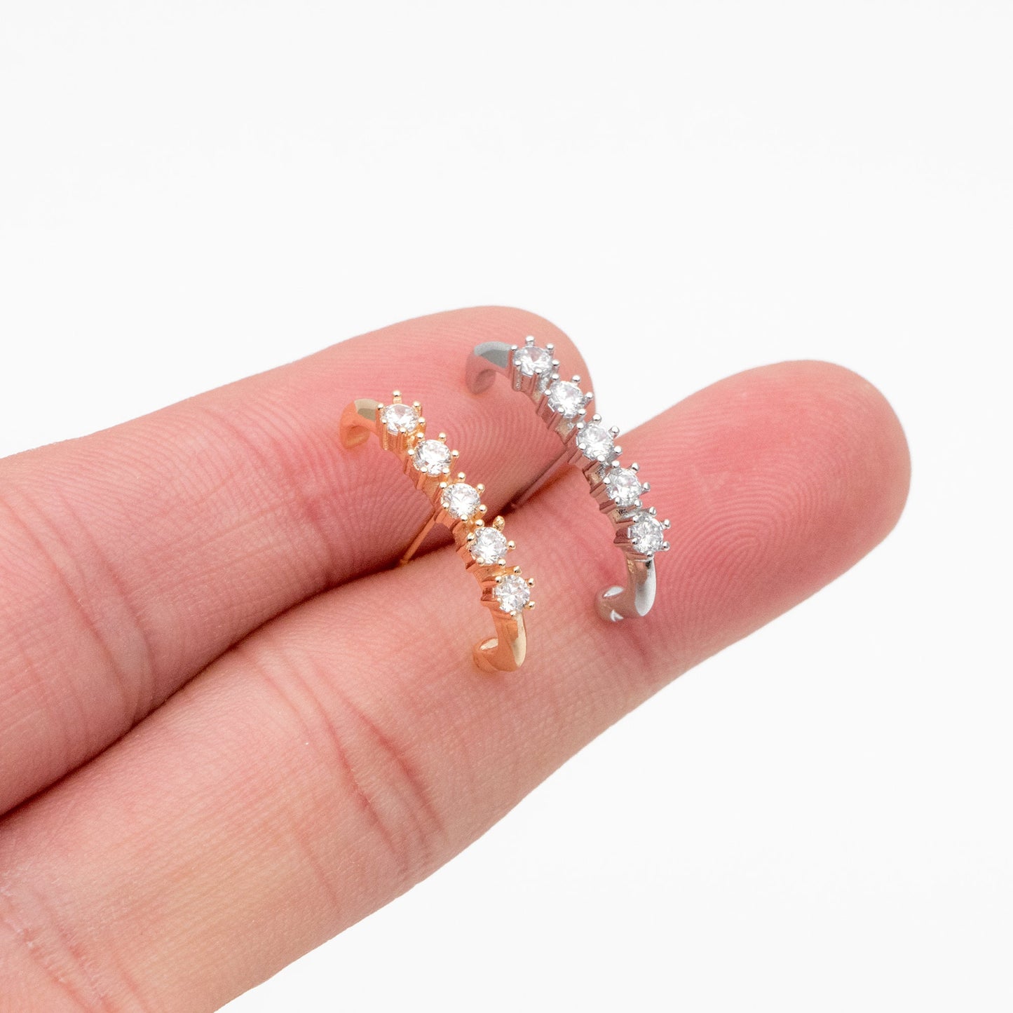 4pcs CZ Pave Gold/ Silver Curved Bar Earrings, Real Gold/ Rhodium Plated Brass Stick Stud Earrings (#GB-4253)