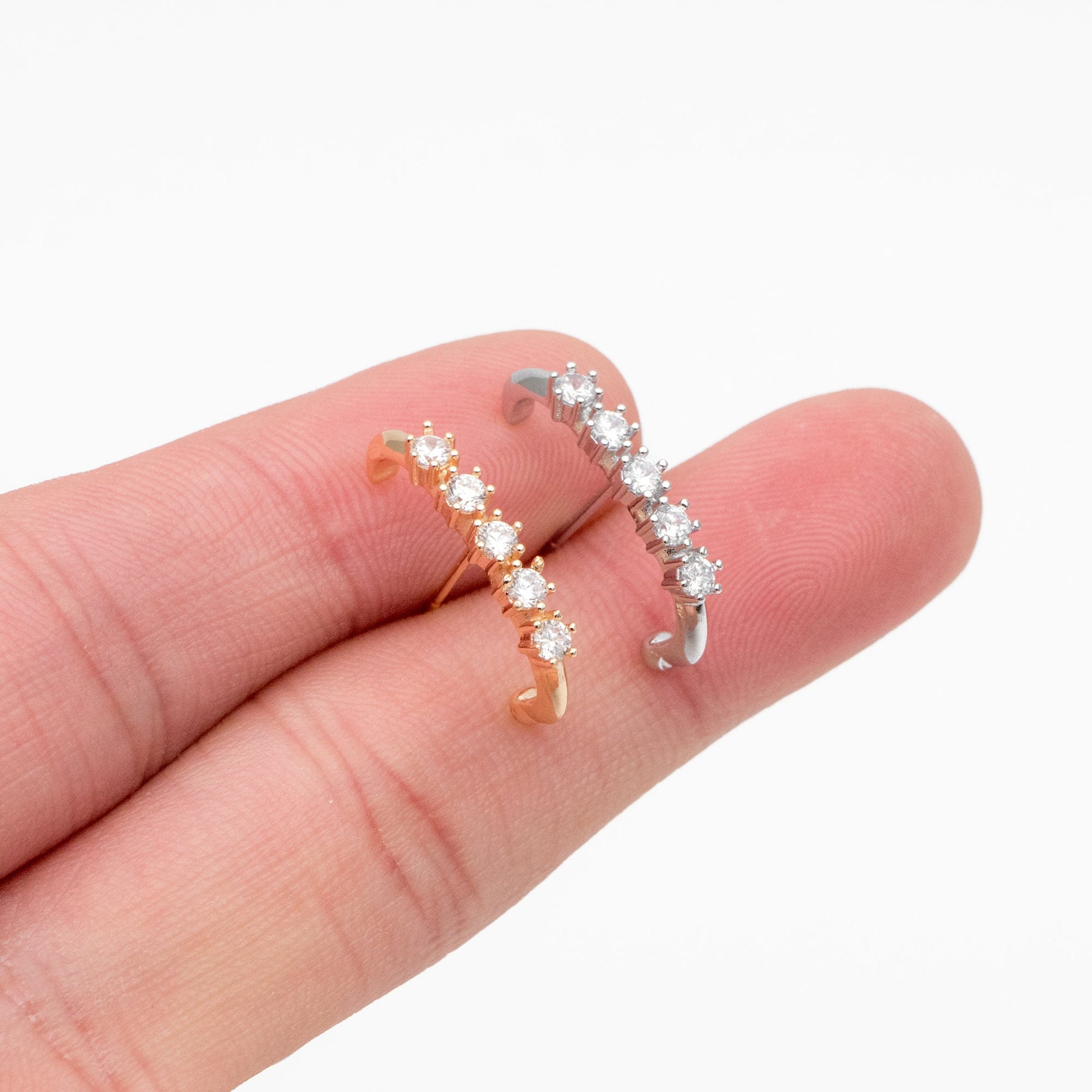 4pcs CZ Pave Gold/ Silver Curved Bar Earrings, Real Gold/ Rhodium Plated Brass Stick Stud Earrings (#GB-4253)