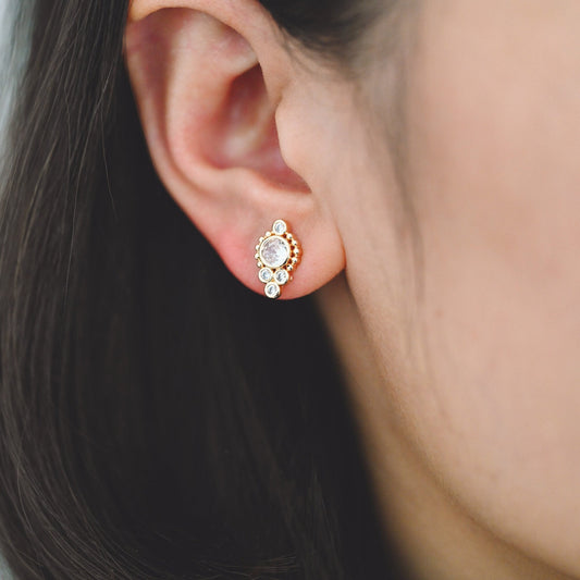 4pcs CZ Pave Round Cluster Earrings 13x8mm, Gold Plated Brass Dainty Stud Earrings (GB-3662)