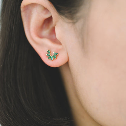4pcs CZ Pave Flower Ear Posts 10x7mm, Gold plated Brass, Dainty Circle Stud Earrings, Clear /Green (#GB-3683)