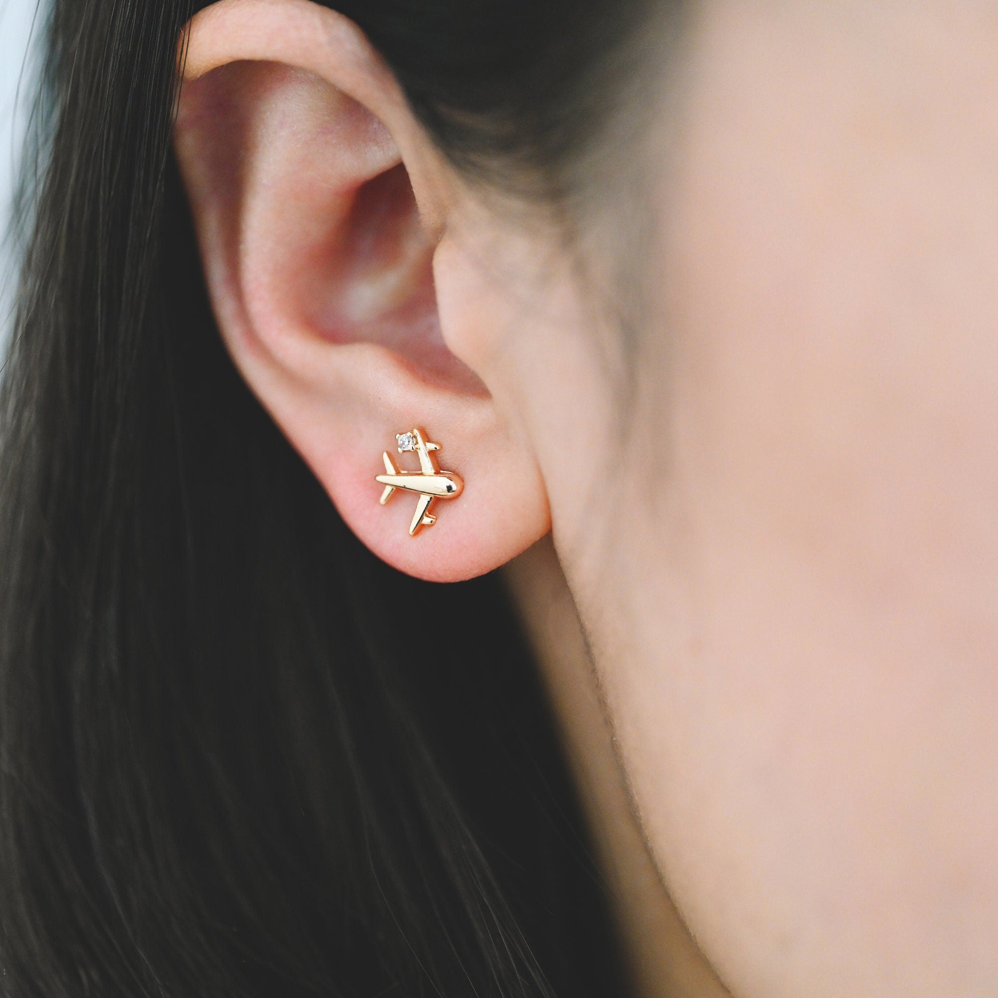 10pcs CZ Pave Gold Airplane Stud Earrings, Gold plated Brass Dainty Plane Earrings (#GB-4236)