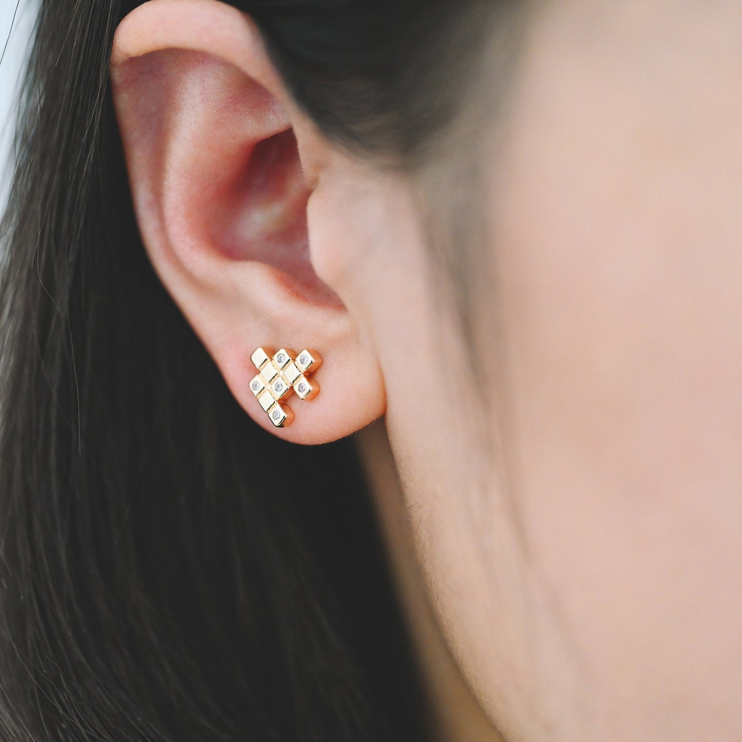 4pcs CZ Pave Gold Puzzle Earrings 10x10mm, Real Gold Plated Brass, Jigsaw Earring Studs (#GB-4238)