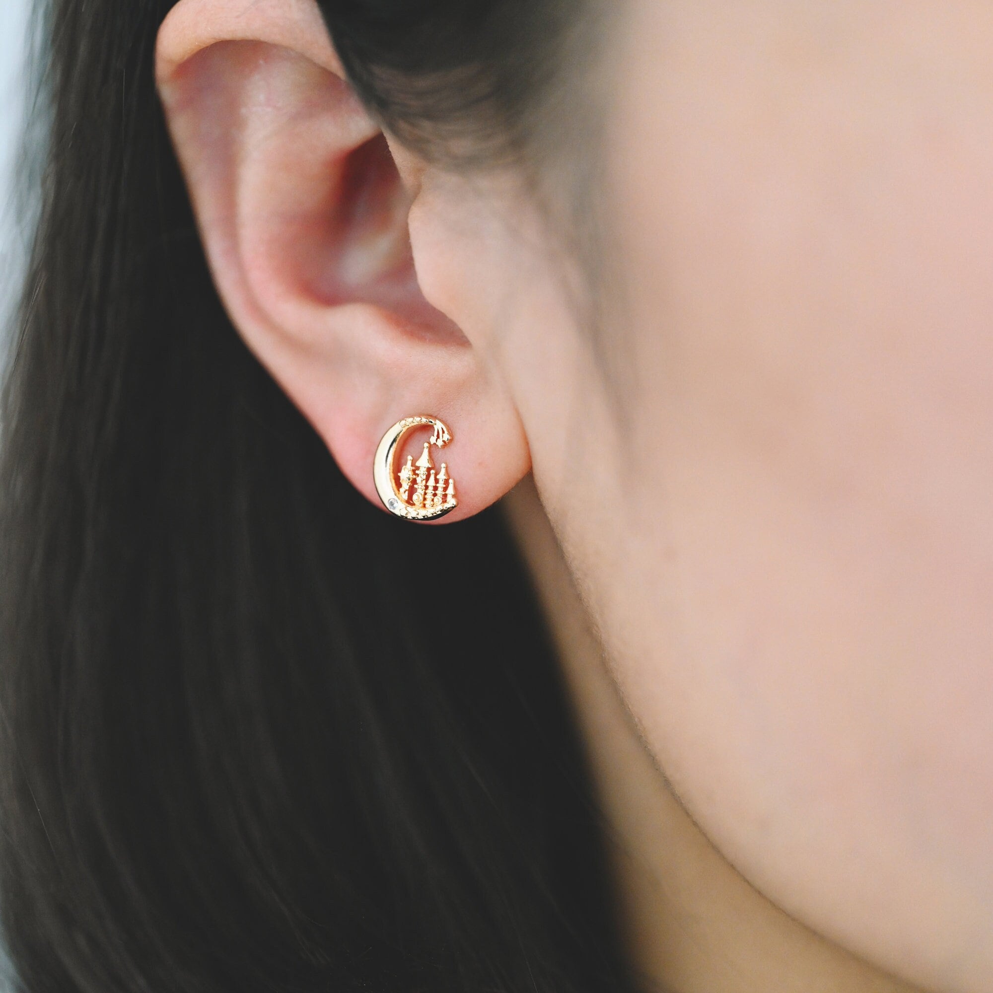 10pcs CZ Pave Gold Moon Castle Earrings 10mm, Real Gold Plated Brass Celestial Stud Earrings (#GB-4239)