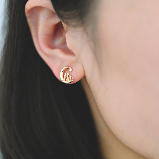 10pcs CZ Pave Gold Moon Castle Earrings 10mm, Real Gold Plated Brass Celestial Stud Earrings (#GB-4239)