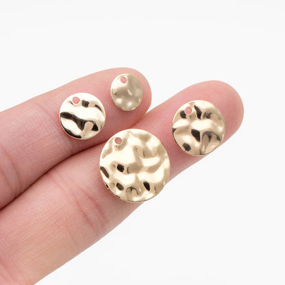 10pcs Gold/ Silver Tone Hammered Disc Charms 8/ 10/ 12/ 16mm, Gold/ Rhodium plated Brass Coin Tags, Round Textured Coin Pendants (GB-020)