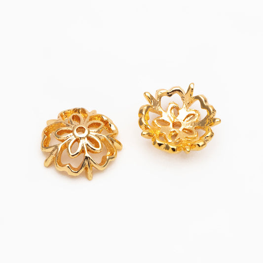 20pcs Gold/ Silver Floral Bead Caps 9mm, Fit 10-12mm Beads, Real Gold/ Rhodium plated Brass, Lead Nickel Free (GB-053)