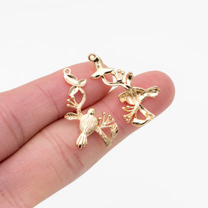 10pcs Bird on Tree connector, Birds Branch with Two Loops, Real Gold plated Brass, Lead Nickel Free (GB-3622-B)