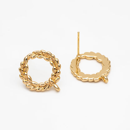 10pcs Circle Earring Posts with Loop, Gold Plated Brass Ear Studs, Lead Nickel Free (GB-076)