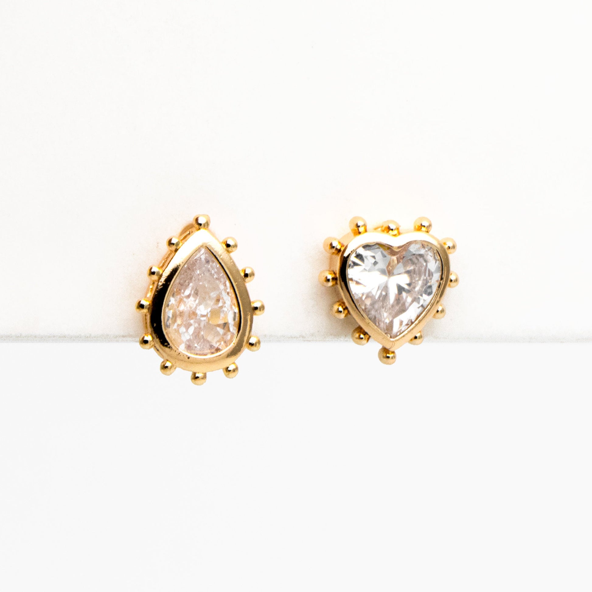 4pcs CZ Pave Gold Teardrop/ Heart/ Rectangle Earrings, 18K Gold Plated Brass, Dainty Geometric Stud Earrings (GB-4255)