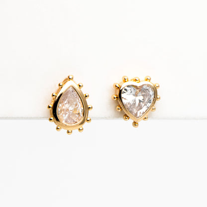 4pcs CZ Pave Gold Teardrop/ Heart/ Rectangle Earrings, 18K Gold Plated Brass, Dainty Geometric Stud Earrings (GB-4255)