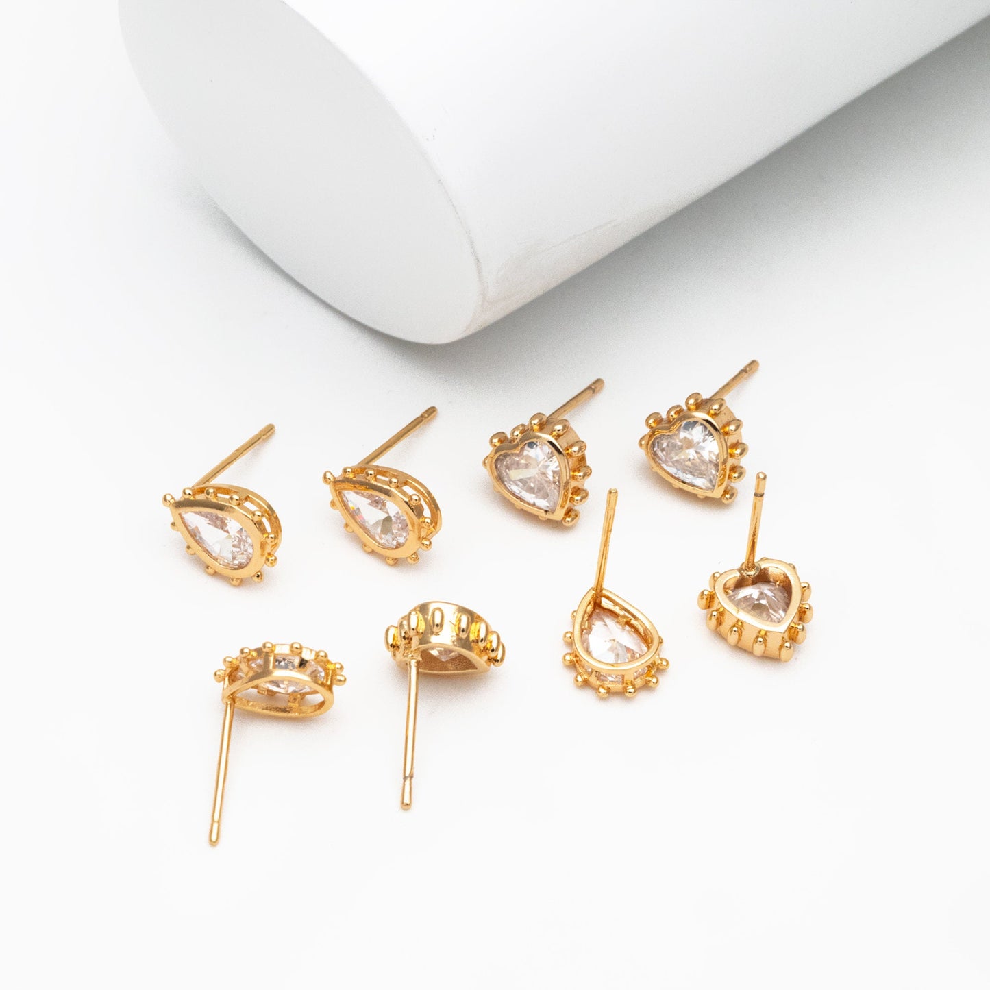 4pcs CZ Pave Gold Teardrop/ Heart/ Rectangle Earrings, 18K Gold Plated Brass, Dainty Geometric Stud Earrings (GB-4255)