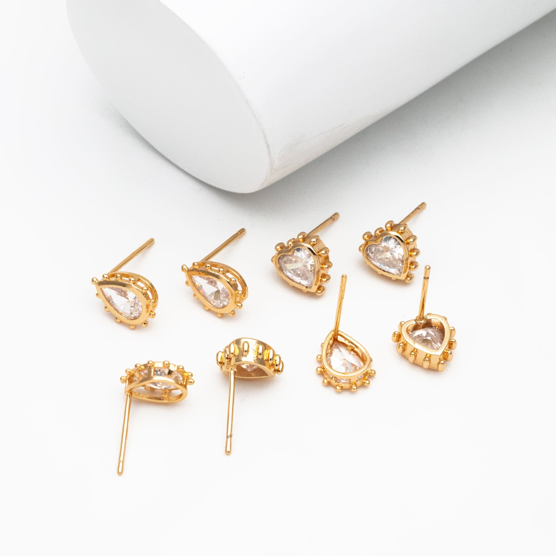 4pcs CZ Pave Gold Teardrop/ Heart/ Rectangle Earrings, 18K Gold Plated Brass, Dainty Geometric Stud Earrings (GB-4255)