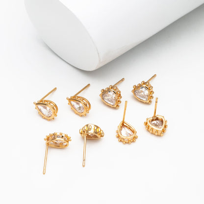 4pcs CZ Pave Gold Teardrop/ Heart/ Rectangle Earrings, 18K Gold Plated Brass, Dainty Geometric Stud Earrings (GB-4255)