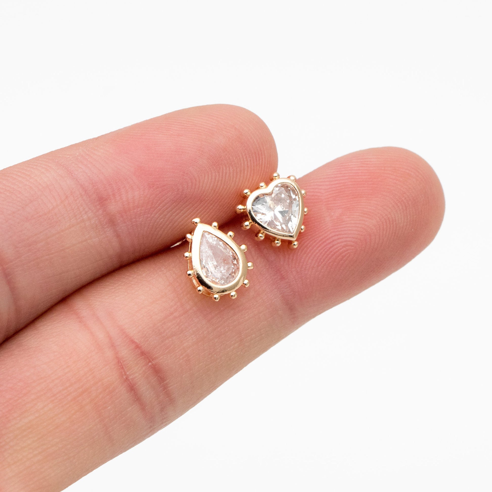 4pcs CZ Pave Gold Teardrop/ Heart/ Rectangle Earrings, 18K Gold Plated Brass, Dainty Geometric Stud Earrings (GB-4255)