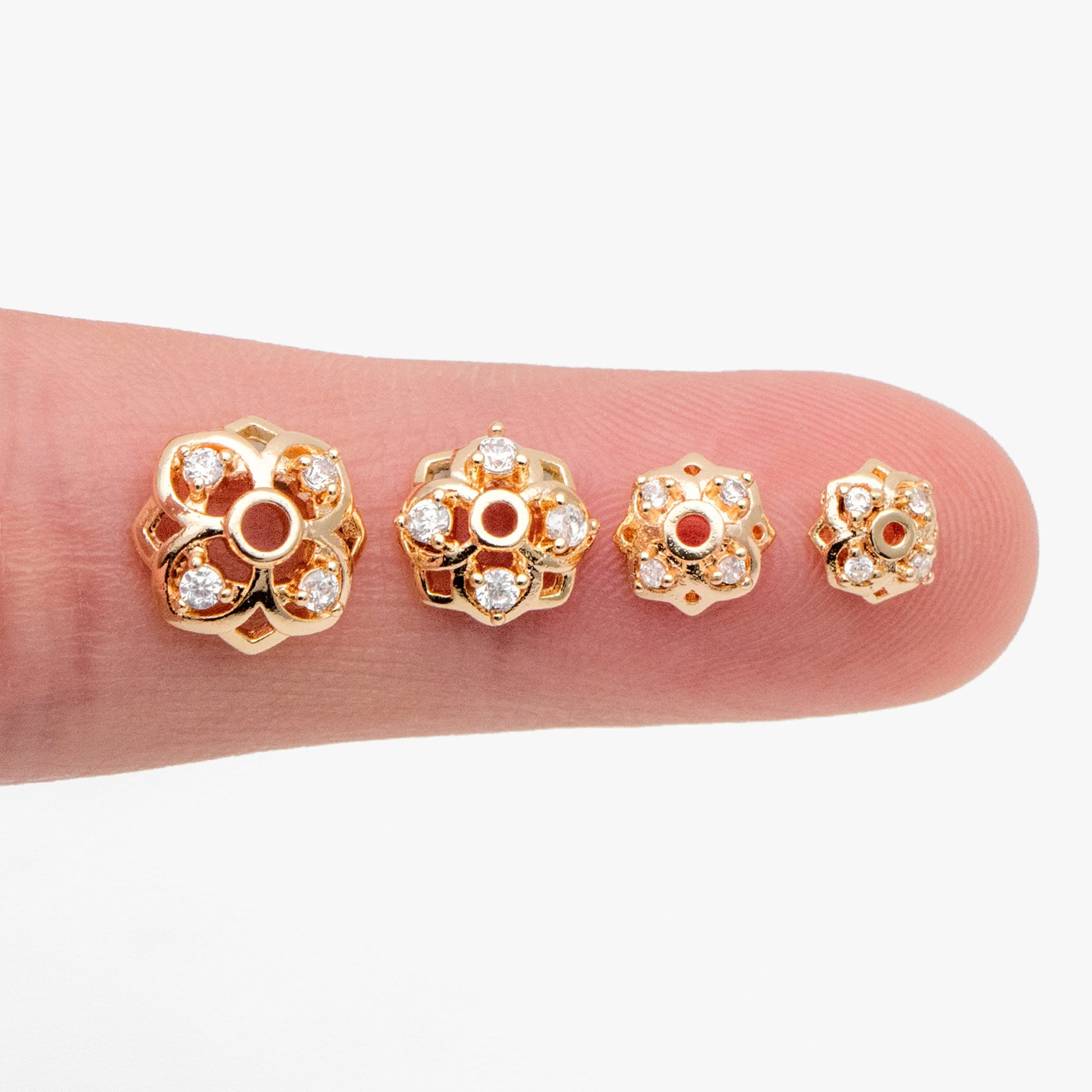 10pcs Gold/ Silver tone Floral Bead Caps 6/ 7/ 8/ 10mm, 18K Real Gold/ Rhodium plated Brass, CZ pave Flower Cap Ends (GB-090)