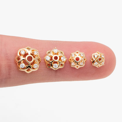 10pcs Gold/ Silver tone Floral Bead Caps 6/ 7/ 8/ 10mm, 18K Real Gold/ Rhodium plated Brass, CZ pave Flower Cap Ends (GB-090)