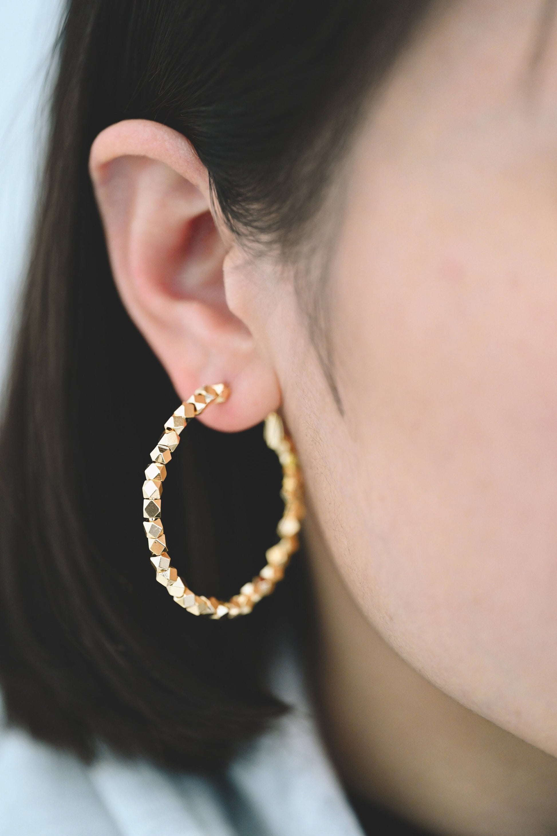 4pcs Gold/ Silver Beaded Round Hoop Earrings 42mm, 18K Gold/ Rhodium plated Brass, Geometric Hoop Earrings (GB-3790)