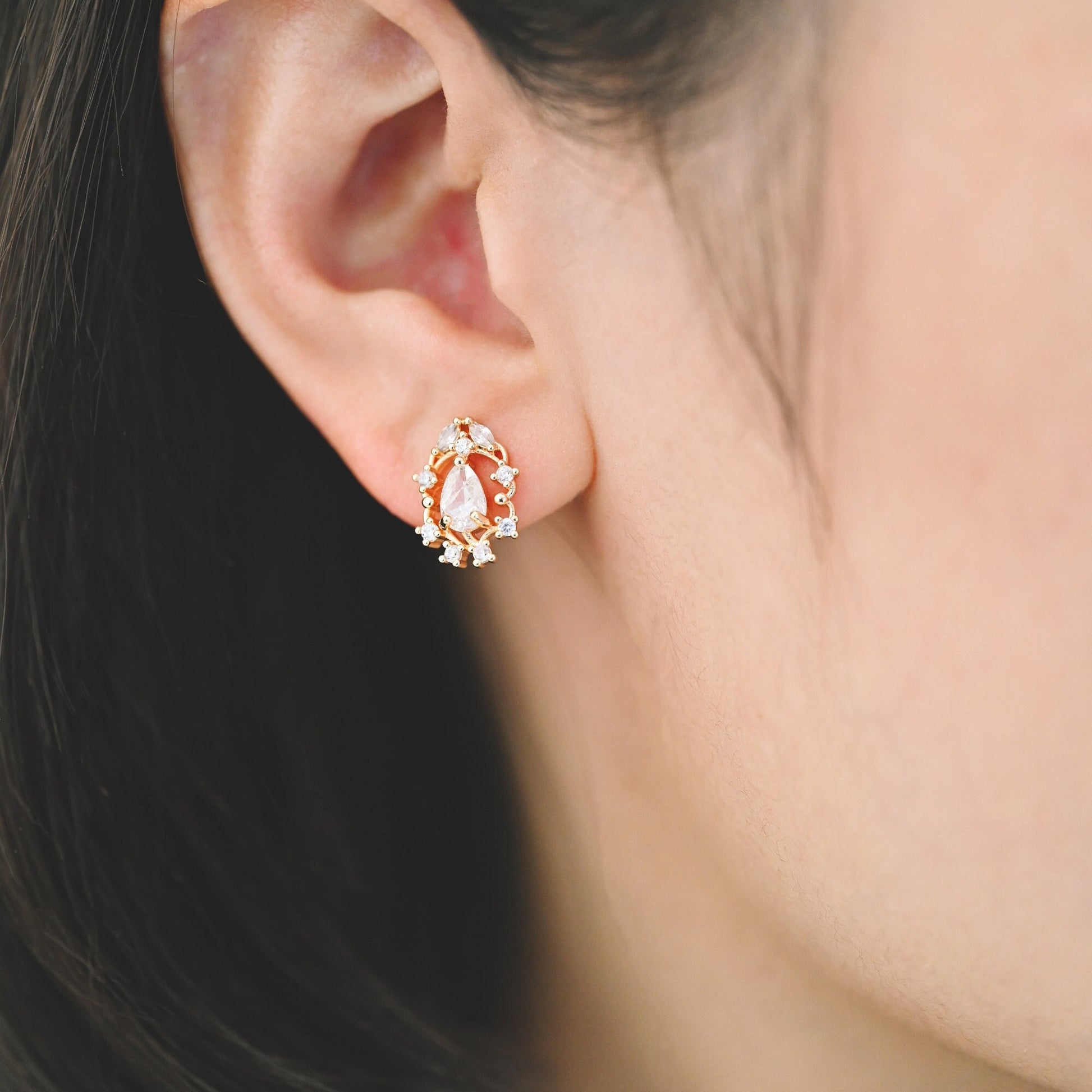 4pcs CZ Pave Dainty Teardrop Stud Earrings, 18K Gold Plated Brass, Cubic Zirconia Earrings (GB-3828)