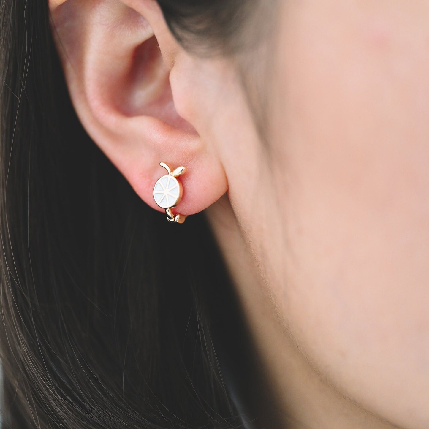 4pcs Gold Enamel Lemon Slice Hoop Earrings, 18K Gold plated Brass, Minimalist Orange Huggie Earrings (GB-3843-A)