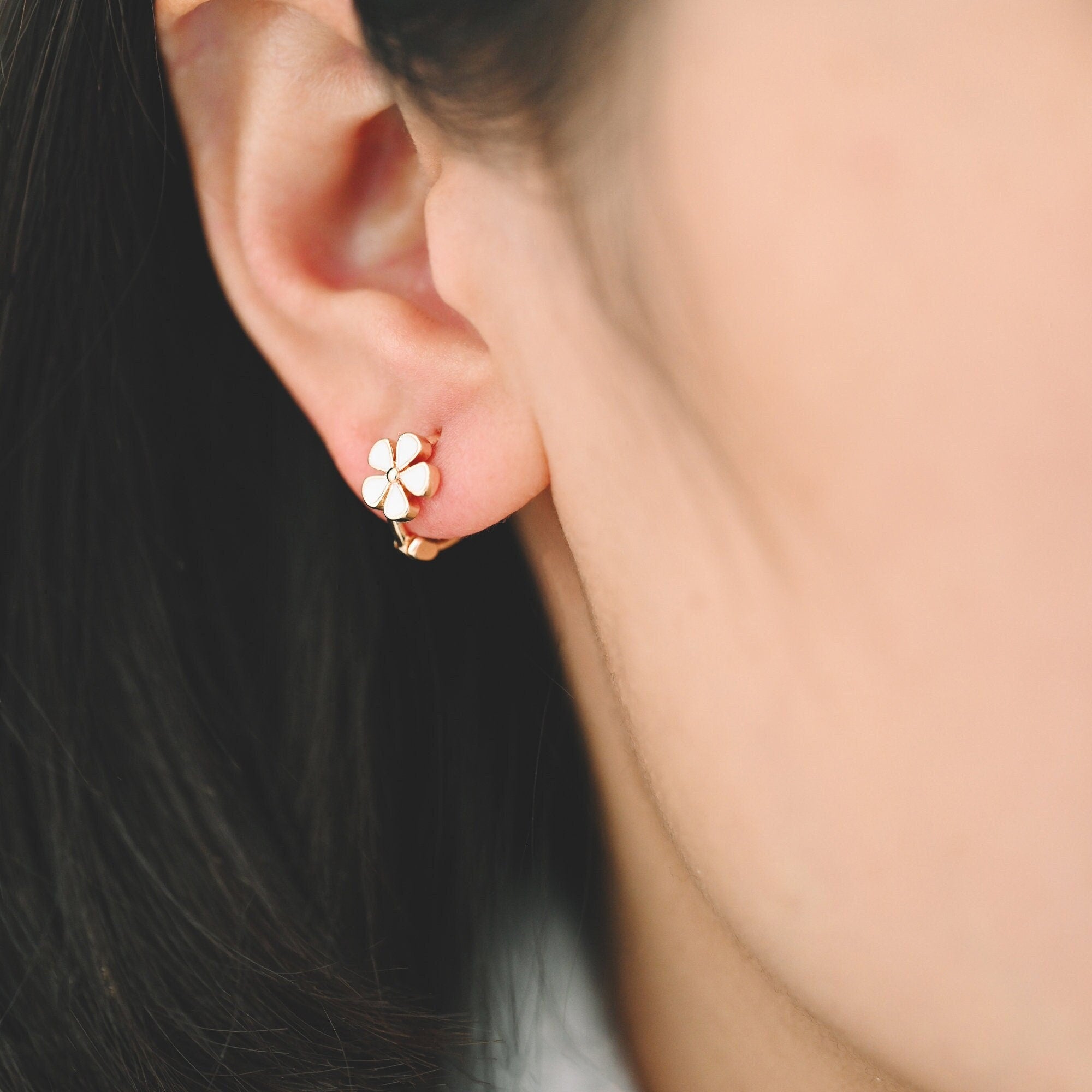 4pcs Gold Enamel Flower Hoop Earrings, 18K Gold plated Brass, Minimalist Huggie Earrings (GB-3843-C)