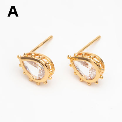 4pcs CZ Pave Gold Teardrop/ Heart/ Rectangle Earrings, 18K Gold Plated Brass, Dainty Geometric Stud Earrings (GB-4255)