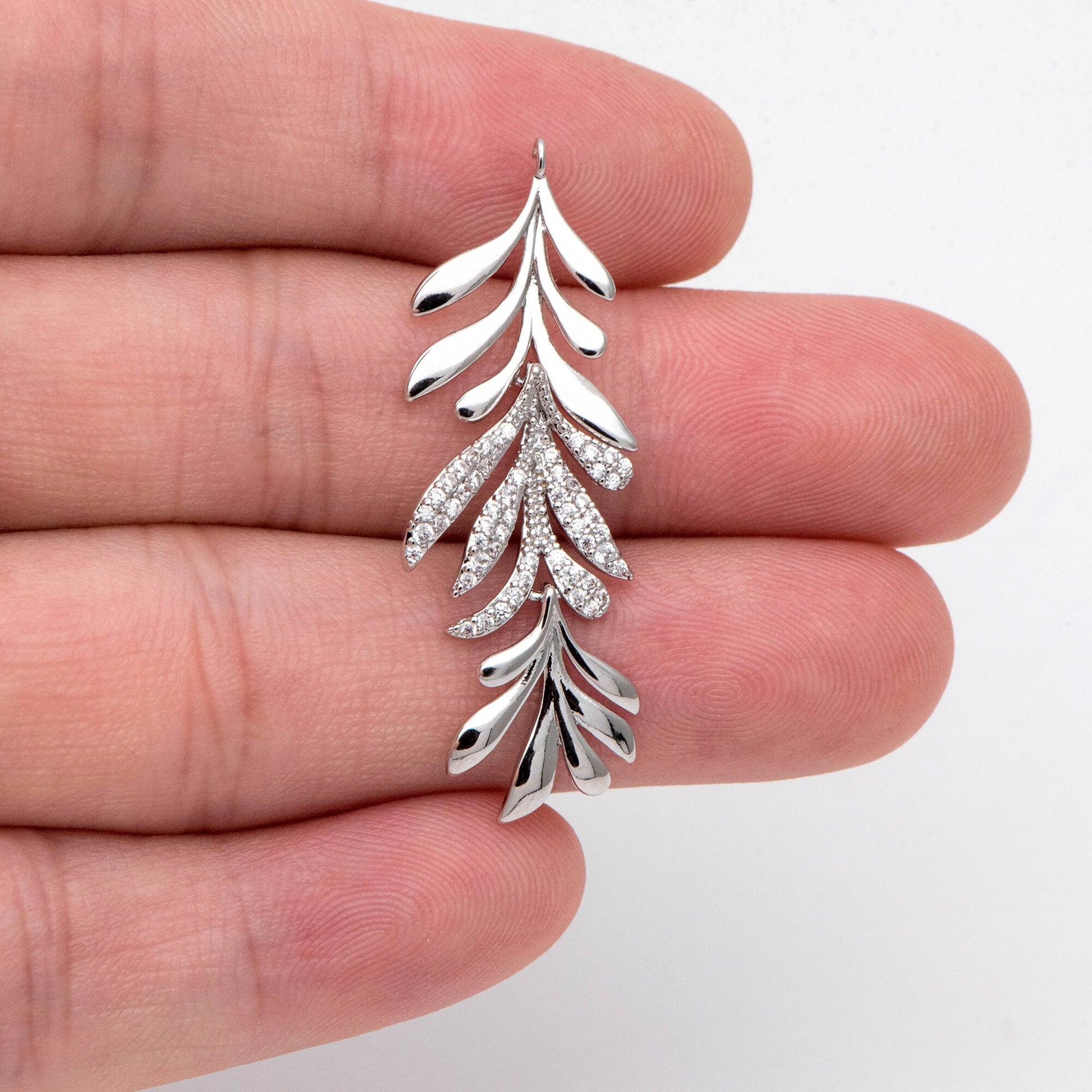 4pcs Gold/ Silver Tone CZ pave Dainty Leaf Charms, Leaf Pendants 44x14mm, Earring Charm, Necklace Pendant (GB-978-F)