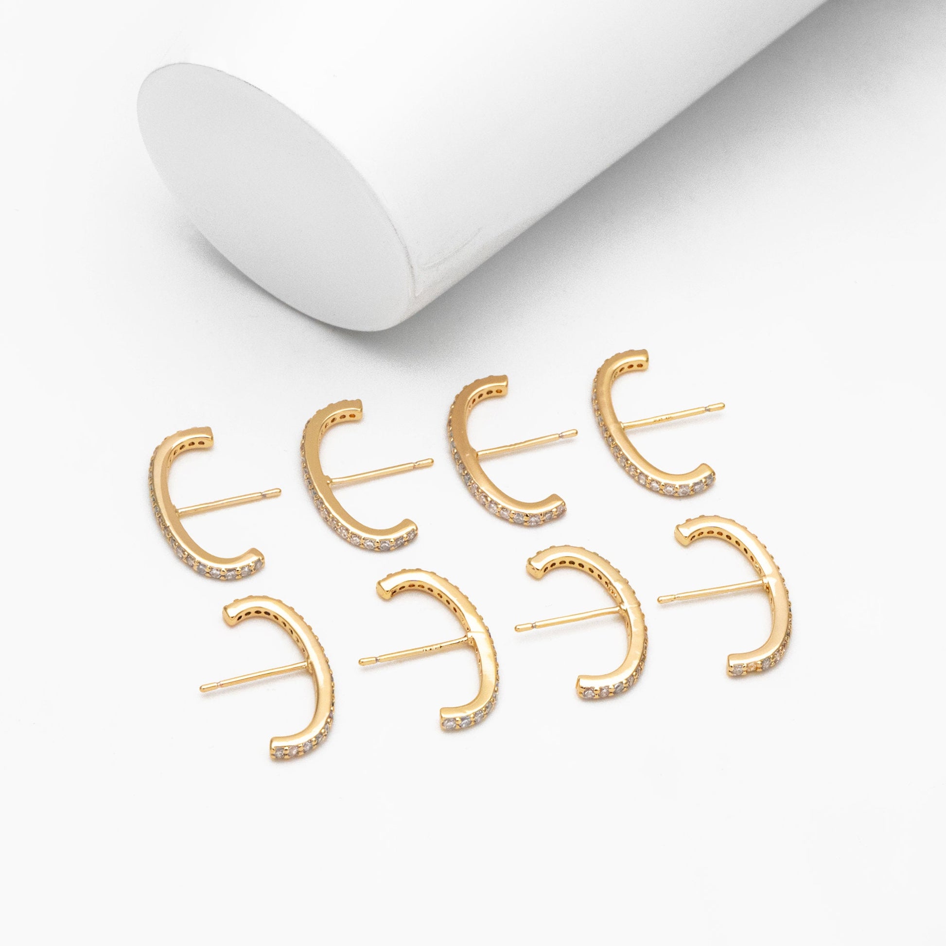 4pcs CZ pave Gold C Shaped Earrings, Gold Plated Brass Bar Stud Earrings (GB-4087)