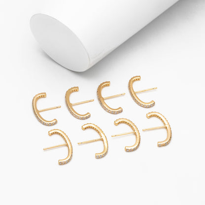 4pcs CZ pave Gold C Shaped Earrings, Gold Plated Brass Bar Stud Earrings (GB-4087)