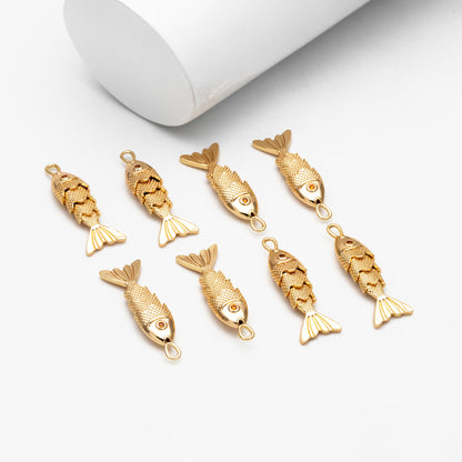 4pcs Gold/ Silver 3D Fish Charms, Gold/ Rhodium Plated Brass, Fish Pendants (GB-4274)