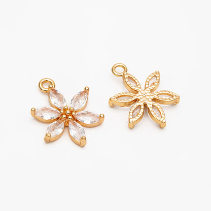 4pcs Gold Zircon Flower Charm Pendants 19x15mm, Real Gold plated Brass, Lead Nickel Free (GB-584-C)