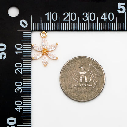 4pcs Gold Zircon Flower Charm Pendants 19x15mm, Real Gold plated Brass, Lead Nickel Free (GB-584-C)