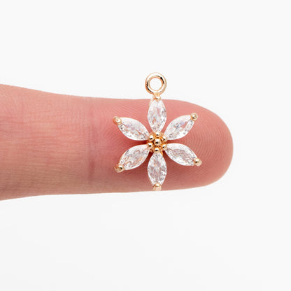 4pcs Gold Zircon Flower Charm Pendants 19x15mm, Real Gold plated Brass, Lead Nickel Free (GB-584-C)