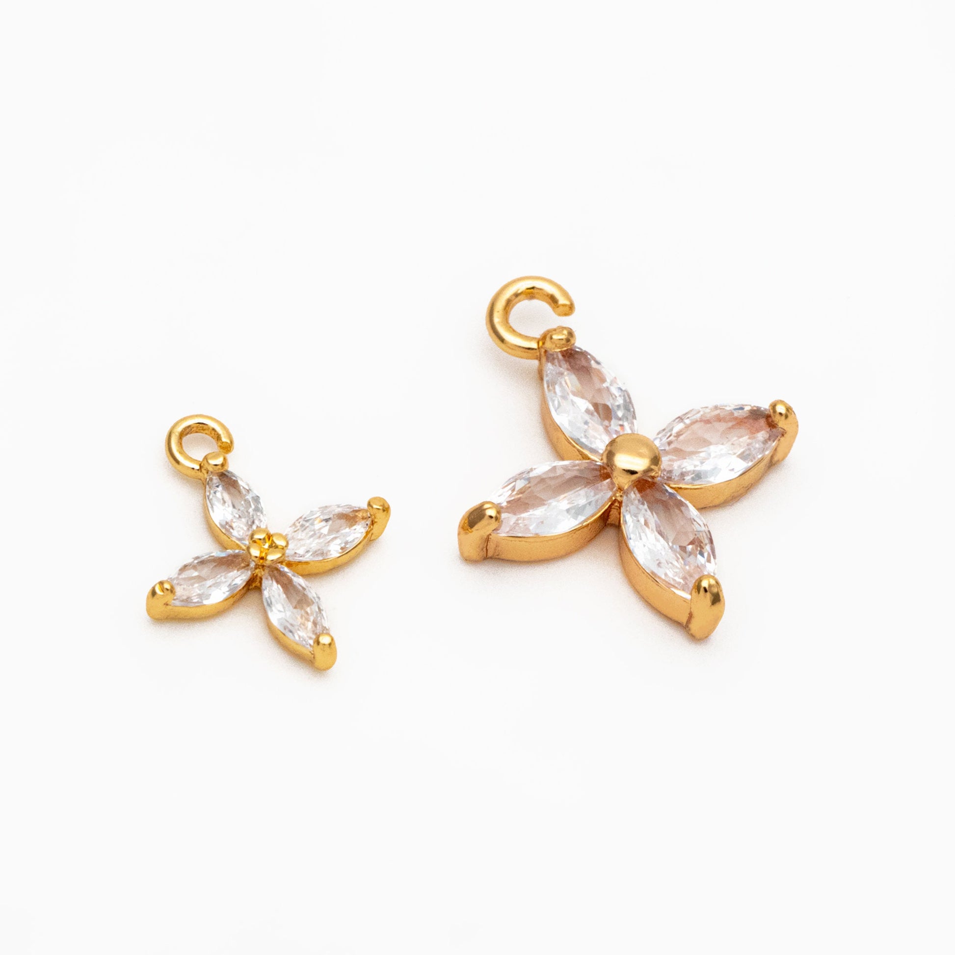 4pcs Gold CZ Flower Charm Pendants 10/ 14mm, Real Gold/ Rhodium plated Brass, Lead Nickel Free (GB-584-F)