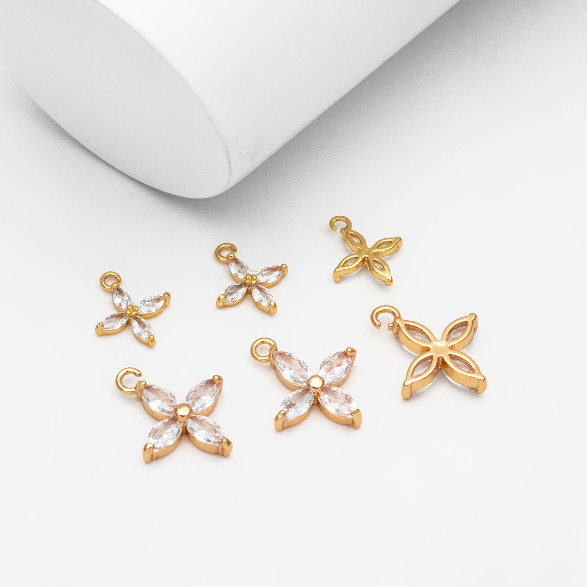 4pcs Gold CZ Flower Charm Pendants 10/ 14mm, Real Gold/ Rhodium plated Brass, Lead Nickel Free (GB-584-F)