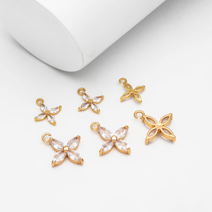 4pcs Gold CZ Flower Charm Pendants 10/ 14mm, Real Gold/ Rhodium plated Brass, Lead Nickel Free (GB-584-F)