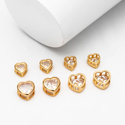 10pcs CZ Pave Heart Beads 7/ 9mm, Real Gold plated Brass Heart Connectors (GB-163)