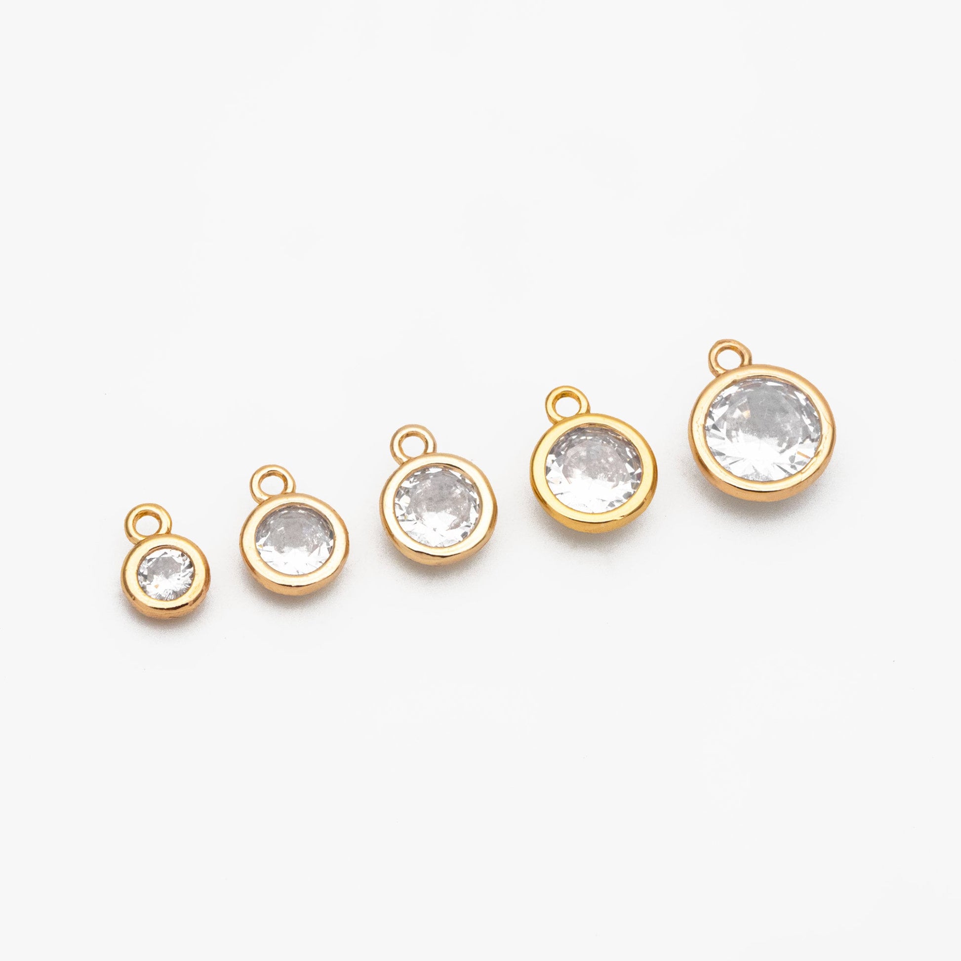10pcs Gold Bezel Gemstone Charms 4.5/ 5.5/ 6/ 7.5mm, Real Gold plated Brass, Clear CZ Round Charms (GB-167)