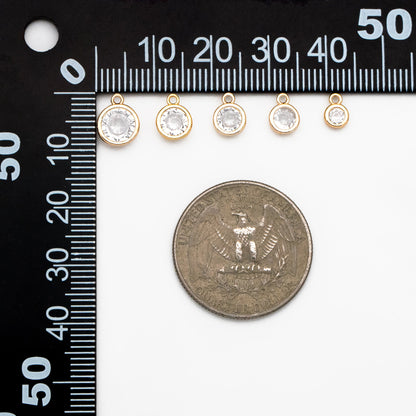 10pcs Gold Bezel Gemstone Charms 4.5/ 5.5/ 6/ 7.5mm, Real Gold plated Brass, Clear CZ Round Charms (GB-167)