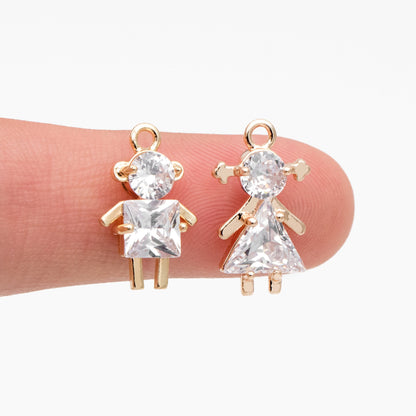 10pcs Gold Boy and Girl Charms 18mm, Gold plated Brass Cubic Zirconia Pendants (GB-172)